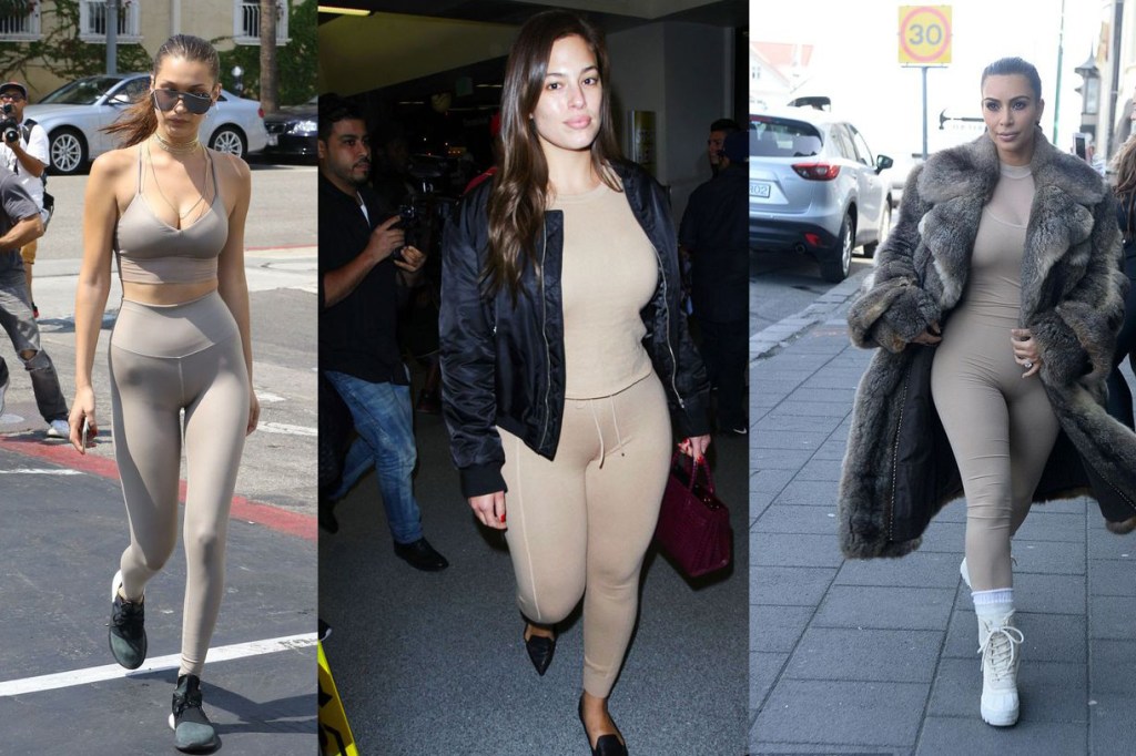 Bella Hadid, Ashley Graham e Kim Kardashian em montagem de fotos usando legging nude