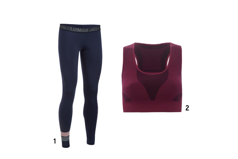 1. Legging, <a href="https://www.underarmour.com.br/pt-br/" target="_blank" rel="noopener">Under Armour</a>, de R$ 180 por R$ 126; 2. Top, <a href="https://loja.bluebeach.com.br/" target="_blank" rel="noopener">Bluebeach</a>, de R$ 80 por R$ 56 (preços pesquisados em novembro de 2017) 