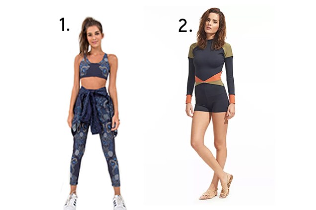 <span style="font-weight:400;">1. Top, R$ 98 por R$ 69, e legging, <span class="old">R$ 198 por <span class="salePriceRed">R$ 149, ambos <a href="https://www.farmrio.com.br/br/liqui-farm-70?Nrpp=12" target="_blank" rel="noopener">Farm</a>; 2. </span></span></span><span style="font-weight:400;">Macaquinho de surfe, <a href="https://www.triya.com.br/v17ma01c-macaquinho-surf-mix-preto/p" target="_blank" rel="noopener">Triya</a>, de R$ 555 por R$ 222 (preços pesquisados em janeiro 2018). </span> <span style="font-weight:400;">1. Top, R$ 98 por R$ 69, e legging, <span class="old">R$ 198 por <span class="salePriceRed">R$ 149, ambos <a href="https://www.farmrio.com.br/br/liqui-farm-70?Nrpp=12" target="_blank" rel="noopener">Farm</a>; 2. </span></span></span><span style="font-weight:400;">Macaquinho de surfe, <a href="https://www.triya.com.br/v17ma01c-macaquinho-surf-mix-preto/p" target="_blank" rel="noopener">Triya</a>, de R$ 555 por R$ 222 (preços pesquisados em janeiro 2018). </span>