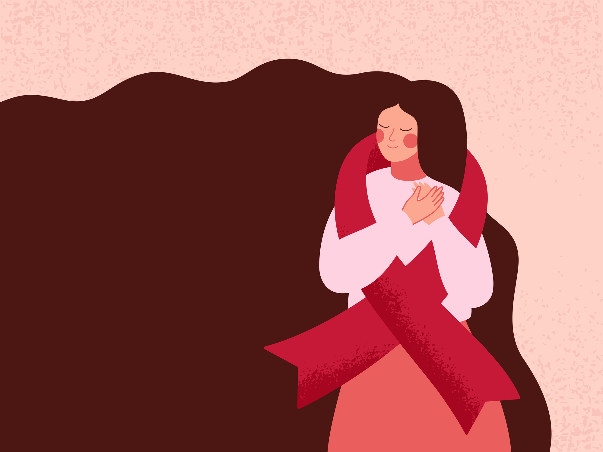 Woman embracing themselves with red ribbon for support of AIDS and HIV patients -