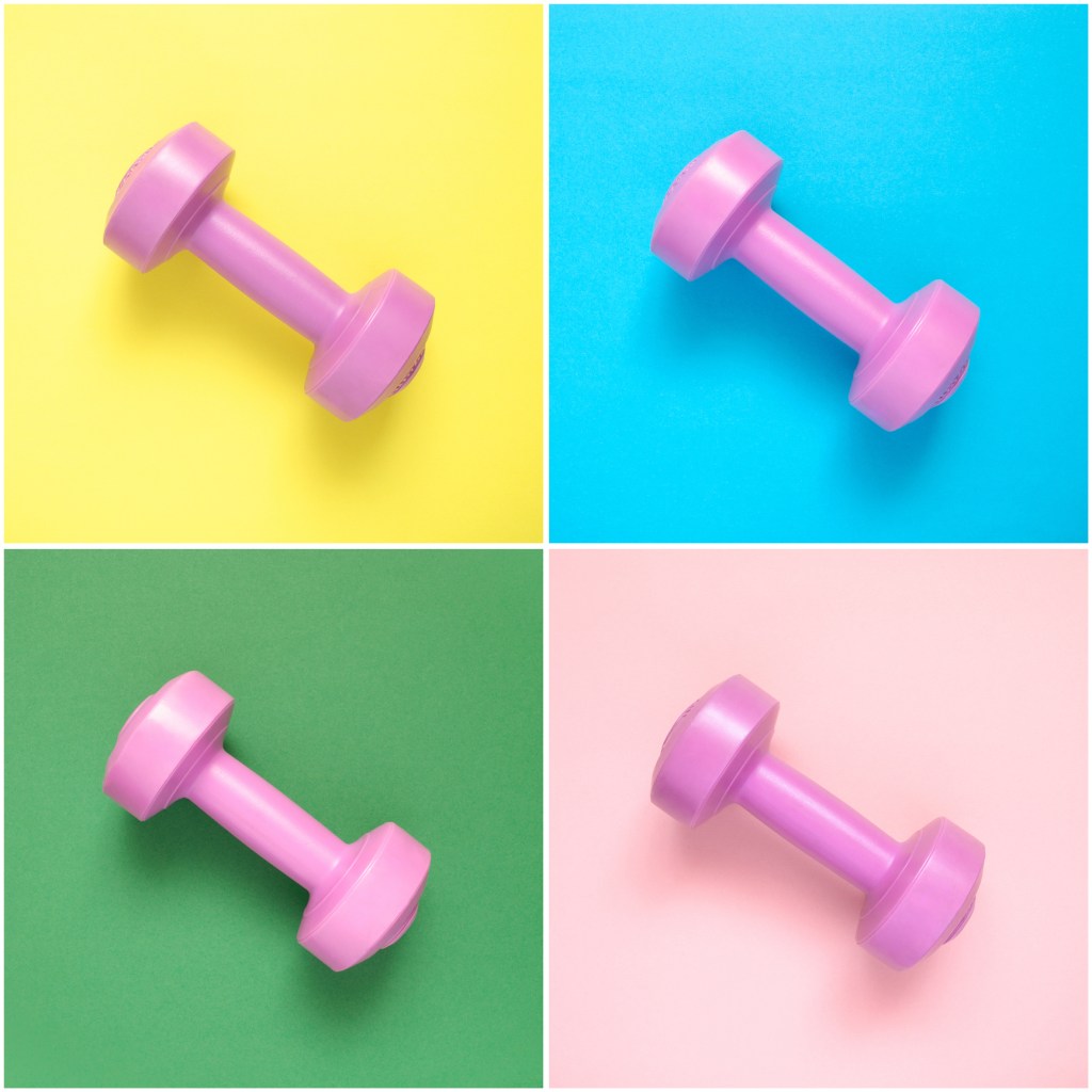 Collage of pink dumbbells .