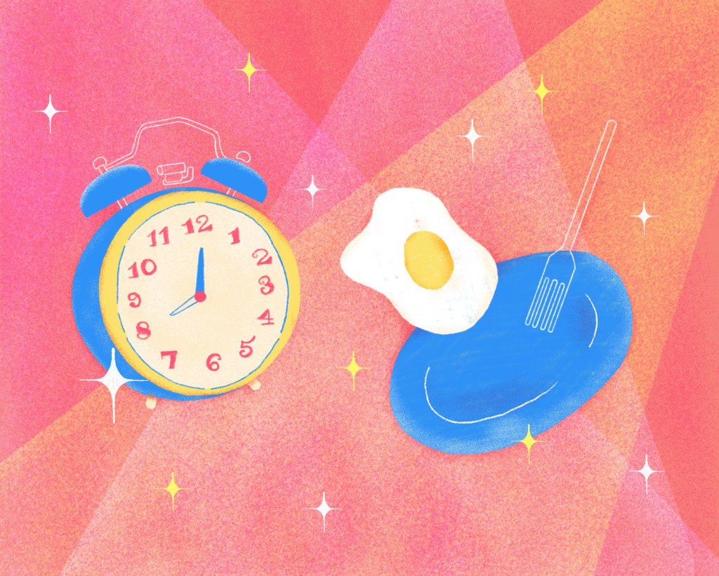8h- Coma ovos no café da manhã ilustração com um relógio e um prato de ovos do lado