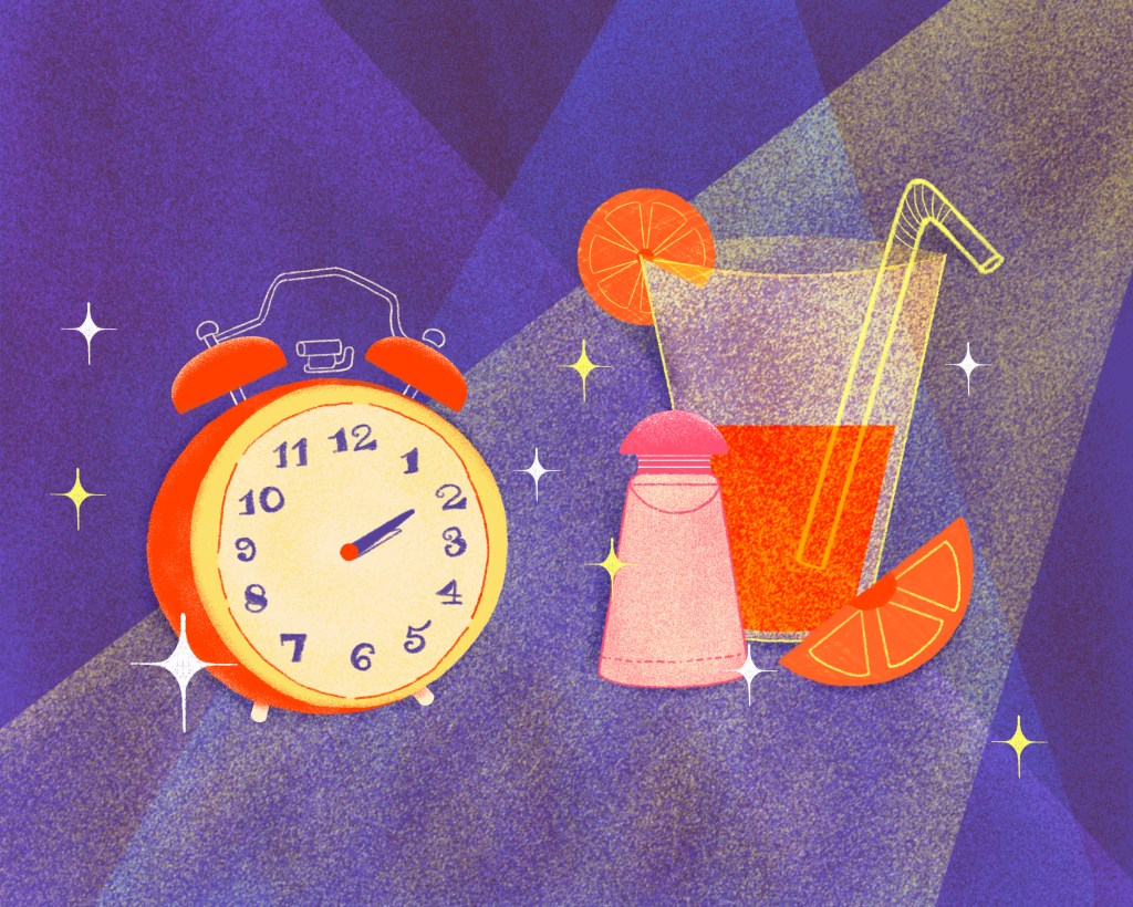 Tome um suco de laranja “especial” ilustração com um relógio e um suco do lado