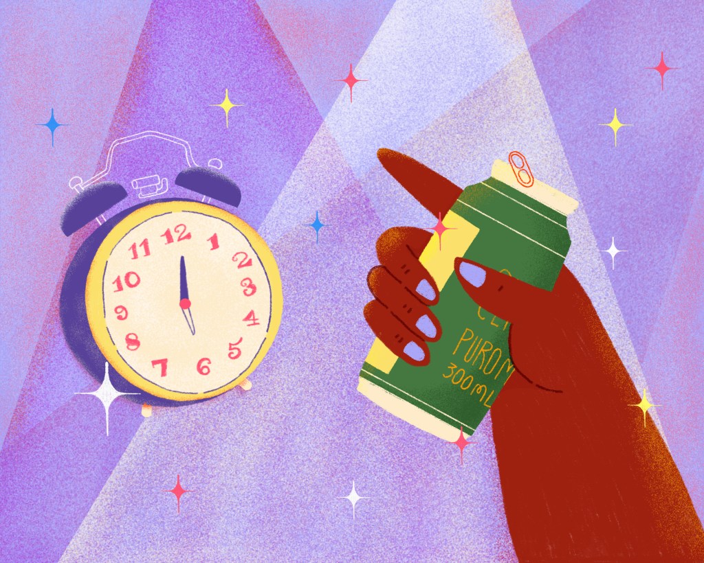 beba uma cerveja ilustração com um relógio e uma lata de cerveja do lado