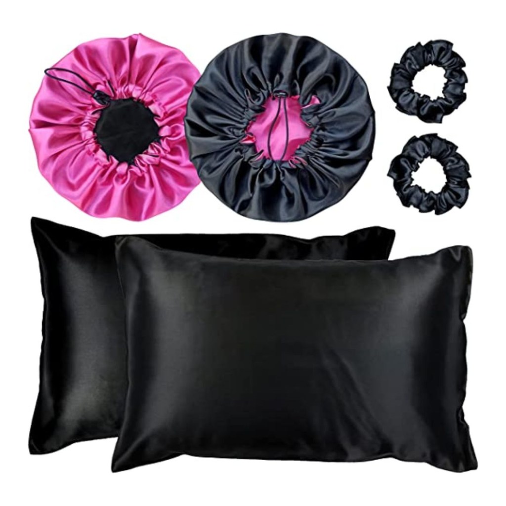 cetim Kit com fronhas, toucas e xuxinhas de cetim