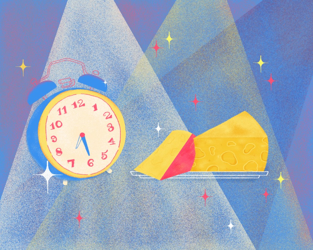 coma queijo ilustração com um relógio e um queijo do lado