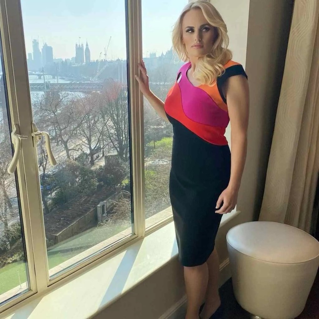 Rebel Wilson Mulher de pé próximo à uma grande janela com uma vista panorâmica