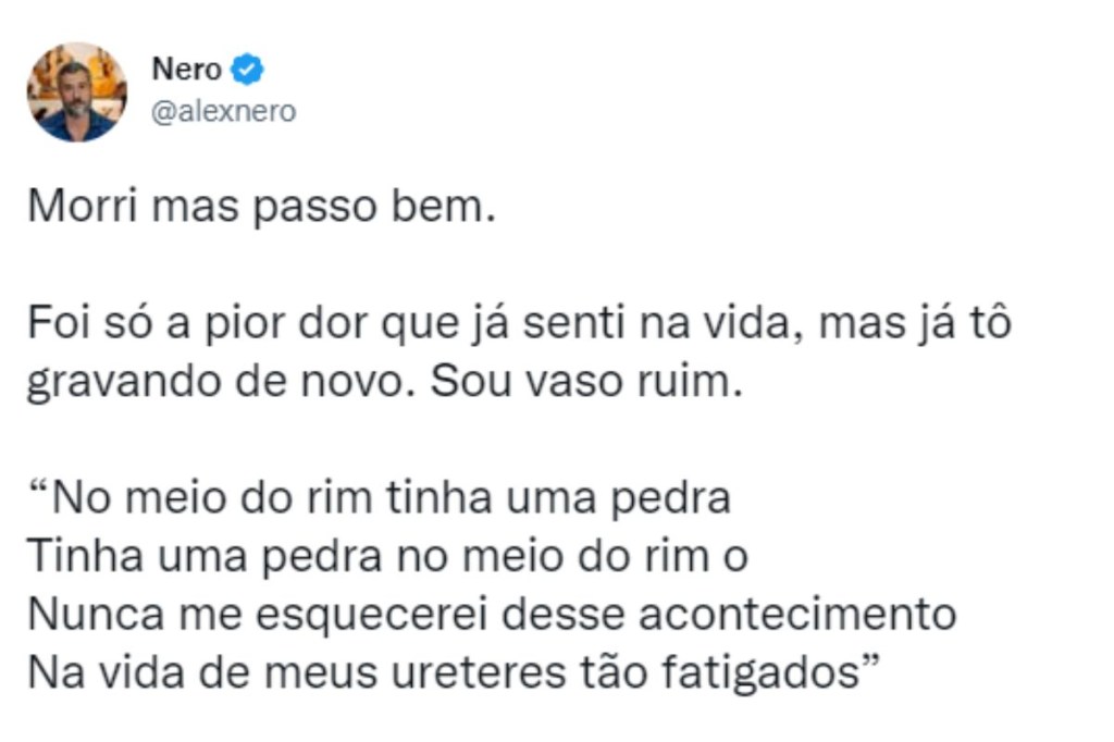 Tweet Alexandre Nero falando sobre pedras nos rins