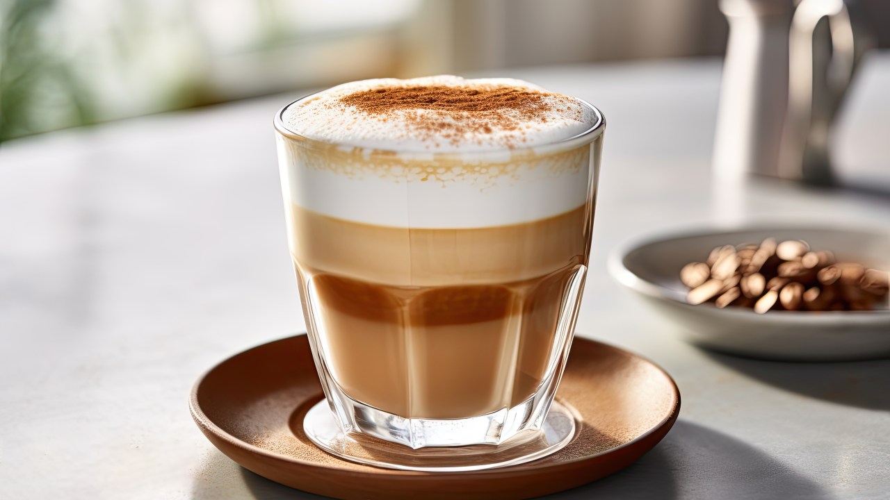 foto de um copo com capuccino em cima de uma mesa