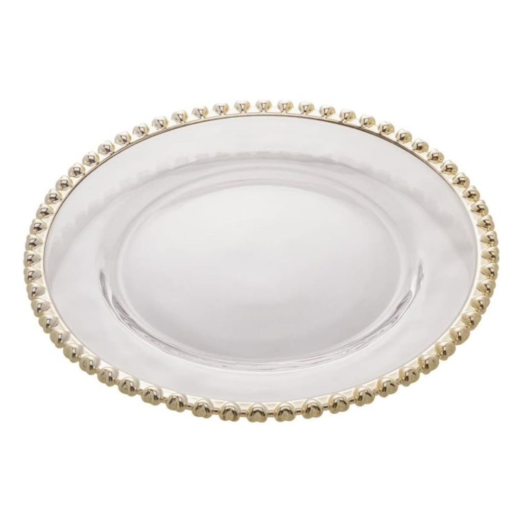 pratos Sousplat de Cristal Coração com Fio de Ouro 32cm